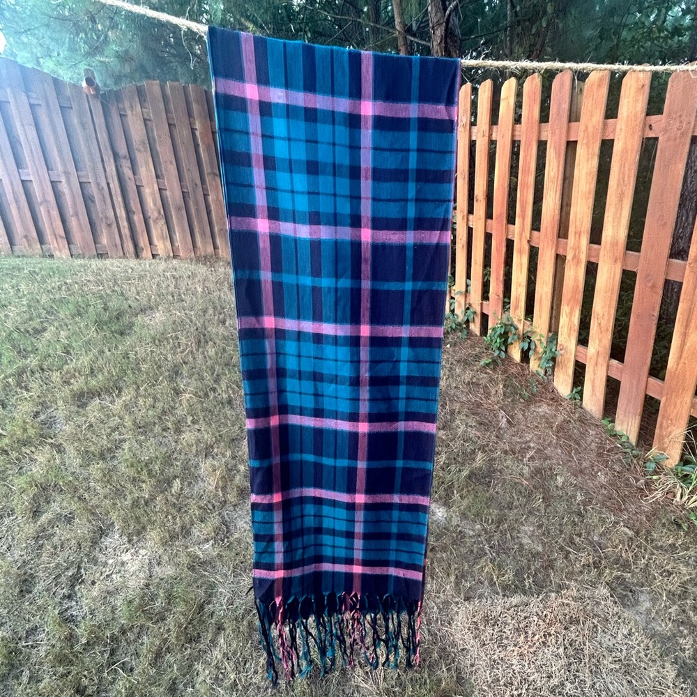 Talbots Berry Blue Pink soft wool challis jewel tone Plaid Scarf 27x72